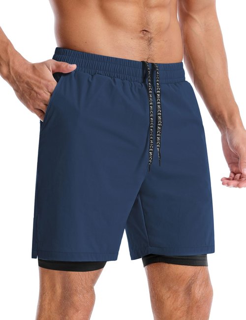 Aolesy Men’s 2 in 1 Running Shorts 5 Inch Quick Dry Workout Gym Shorts with Pockets Tennis Training Athletic Shorts with Liner for Men Navy Blue