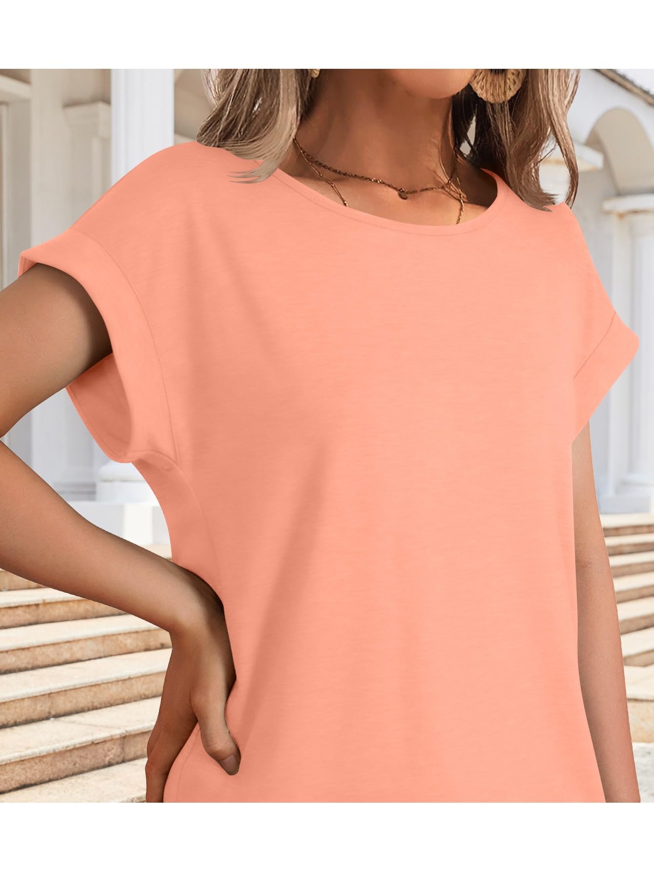 Womens T Shirts Spring Summer Tops Cap Sleeve Crew Neck Casual Business Dressy Blouses Beach Clothes Fashion Outfits Coral