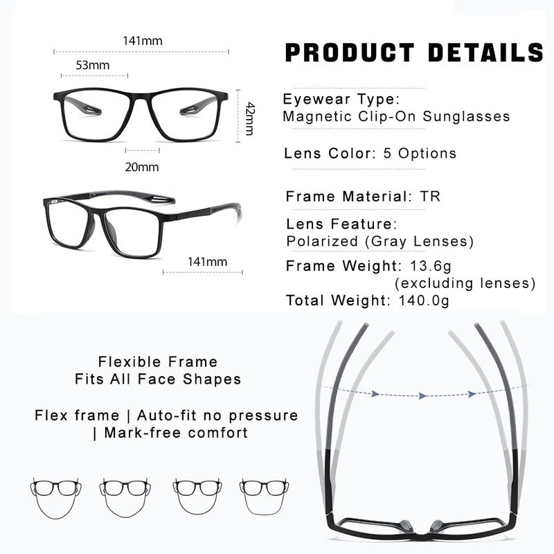 Chakralux Magnetic 5Pcs Clip-On Sunglasses Set for Men and Women – Polarized UV Protection Eyewear & Magnetic Eyeglasses Frames for Night Driving & Everyday Comfort & Fishing