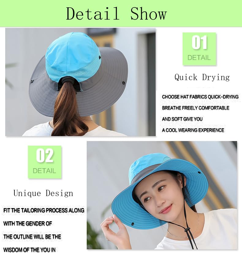 Women's Bucket Hat with Ponytail Hole - UV Protection, Foldable - Medium Blue & Grey