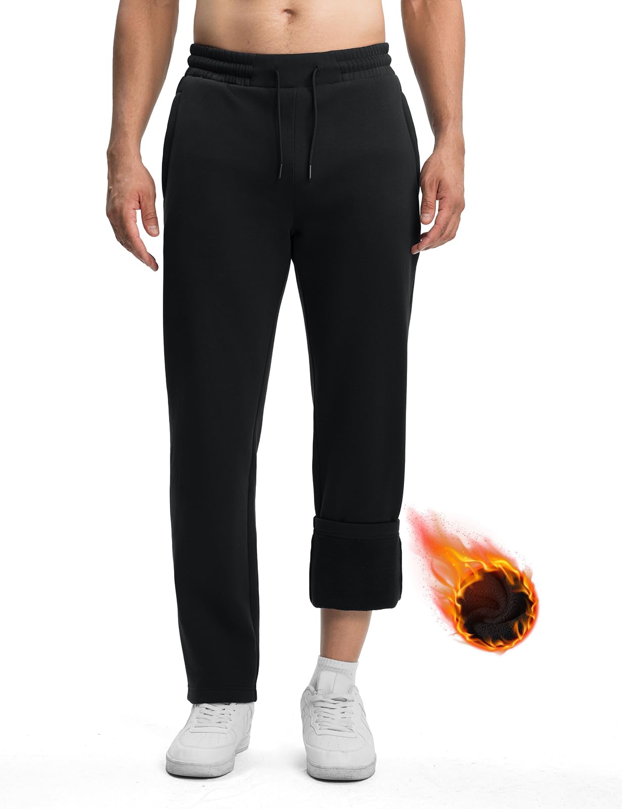 Rdruko Men's Fleece Sweatpants Straight Leg Athletic Yoga Lounge Pants Open Bottom Casual Jersey Pants with Zipper Pockets Black L