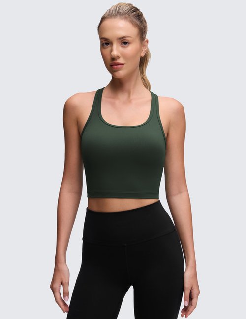 CRZ YOGA Butterluxe Racerback Crop Tank Tops for Women - Padded Y-Back Longline Sports Bras Scoop Neck Workout Yoga Legend Green Medium