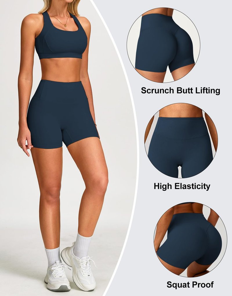 Xozeu Women's 2 Piece Workout Biker Shorts High Waist Tummy Control Scrunch Butt Lifting Gym Yoga Running Shorts Black/Navy Blue