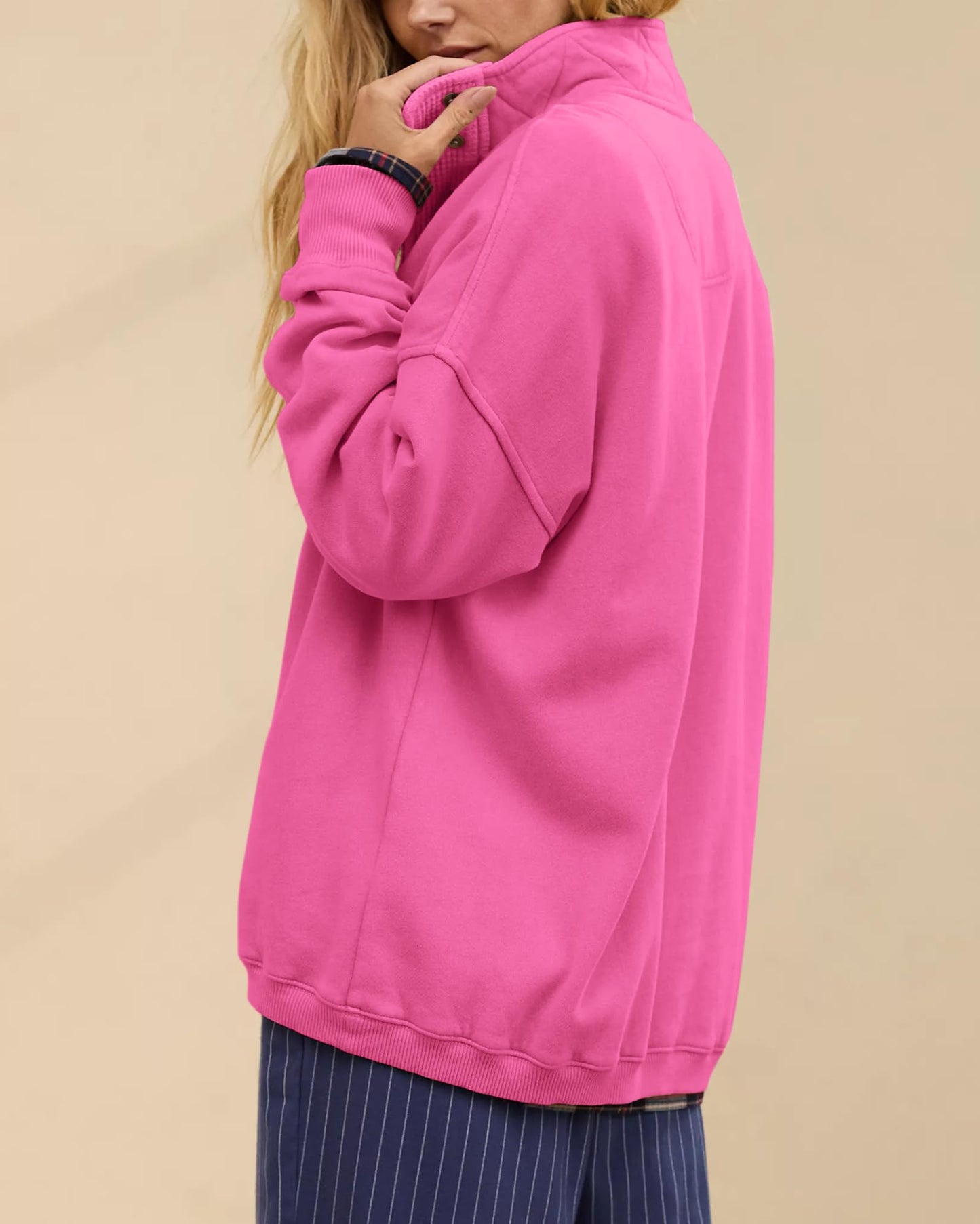 Gacaky Sweatshirt for Women Oversized Casual Long Sleeve Button Henley Neck Pullover Tops Fashion Outfits Clothes Hot Pink S