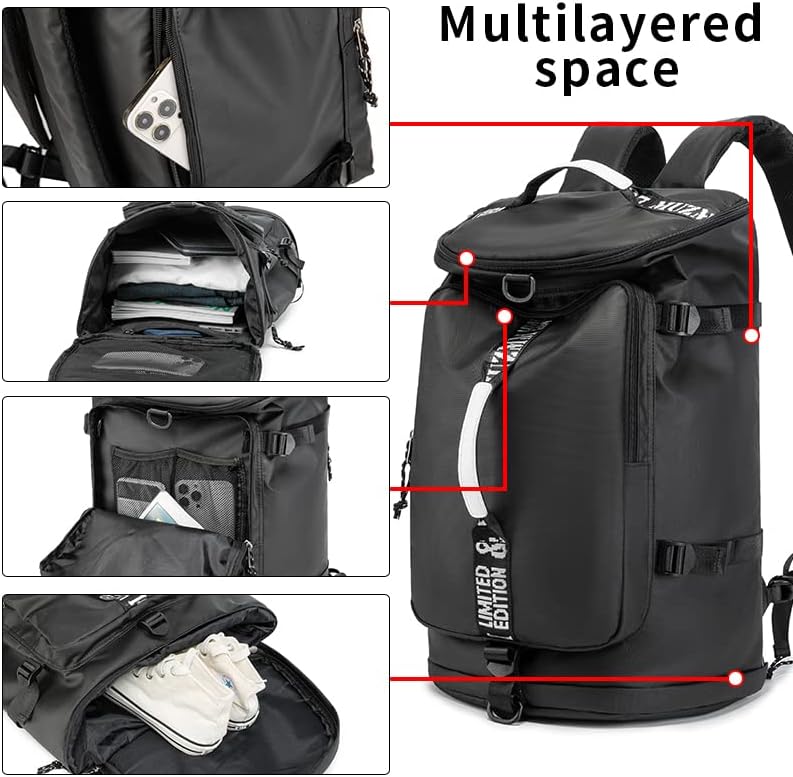 Skiennix Waterproof Gym Duffle Bag - Trendy 40L Backpack for Hiking, Travel & Fishing (Black)