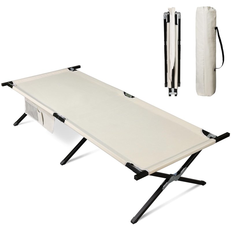 WLIVE Military Camping Cot, Portable Folding Cots for Sleeping with Carry Bag, Outdoor Camping Bed for Adults with Side Pocket, Support 300 Lbs, Silver Greige