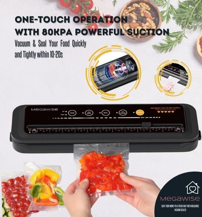 MEGAWISE Vacuum Sealer Machine - 2025 Model with Starter Kit, Dry & Moist Modes, Compact Design & 10 Bags