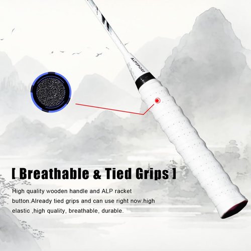 ALPSPORT Ink Mountain Painting Original Design 4U G5 Pro Graphite Badminton Rackets Sets of 2, Full Carbon Fiber Racquets with 1 Leather Bag, 2 Tied Grips Tapes, Sports Padel Raket for Training