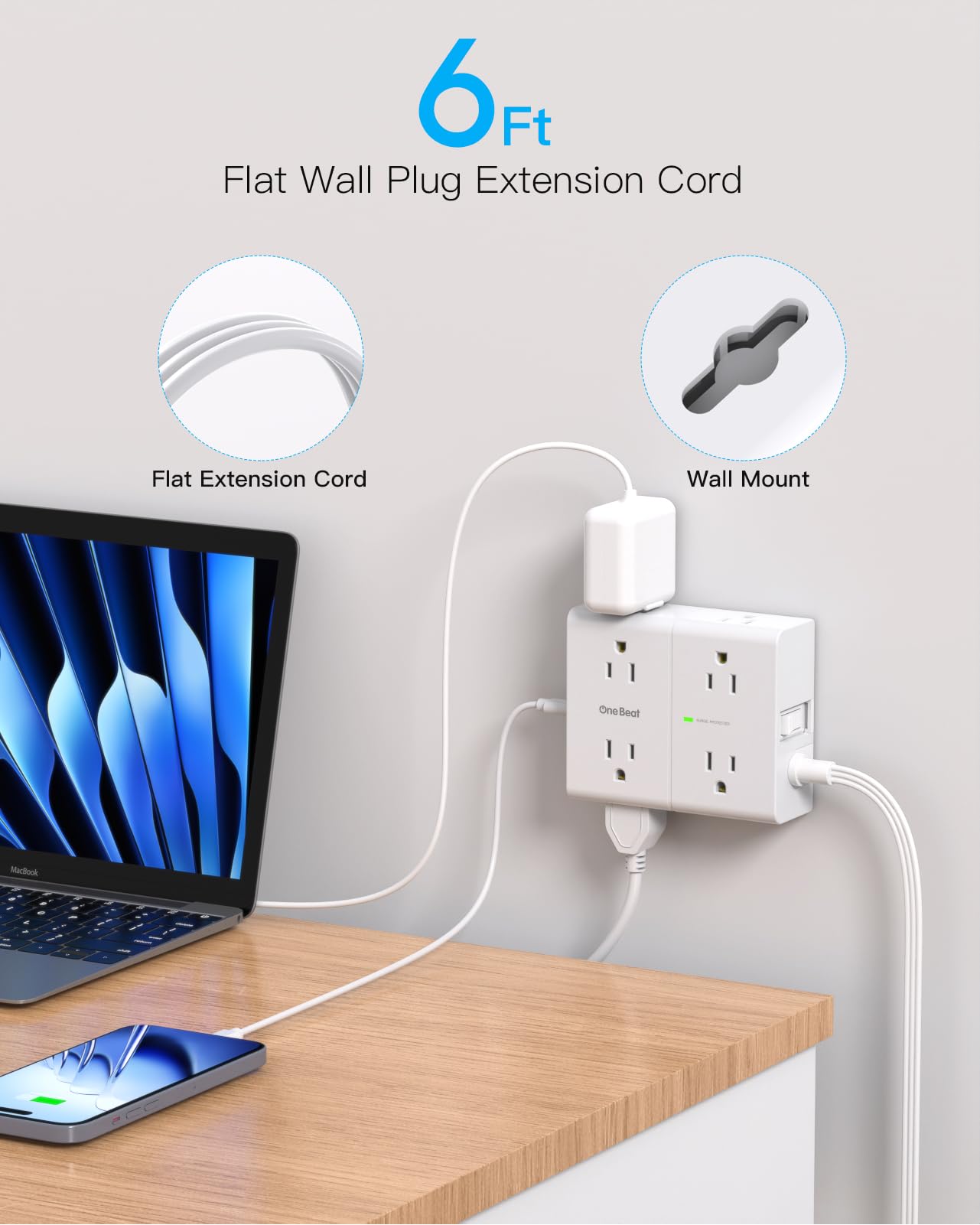 Surge Protector Power Strip, 6 Ft Flat Plug Extension Cord with 8 Outlets 4 USB Ports (2 USB C), 1080J Multi Plug Outlet Extender, Wall Mount Desk USB Charging Station for Home Office Dorm Essentials