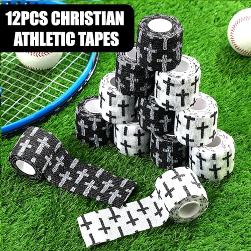 Christian Athletic Tape 12 Rolls, 2 Inch x 5 Yards - White & Black Bible Theme