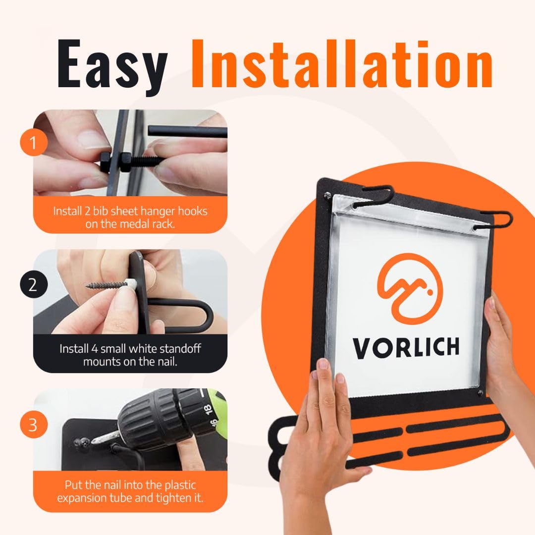Vorlich® Race Bib & Medal Display – Medal Holder with Run APP & 4-Week Training Plan – Medal Hanger Display – Holds 50+ Medals & 100+ Race Bibs – Running Medal Hanger for Runners