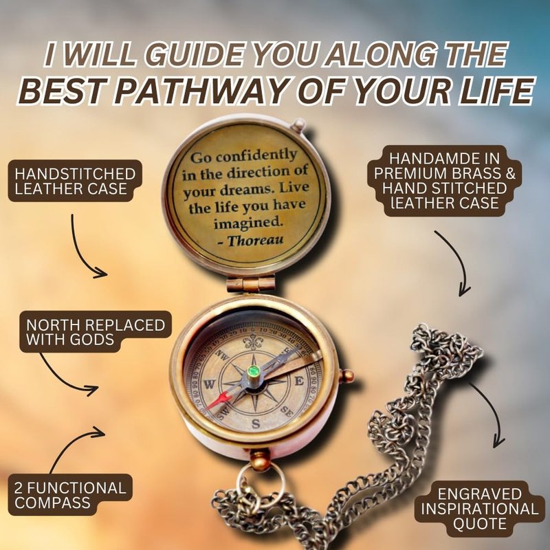 Thoreau's Go Confidently Engraved Graduation Gift for him, Camping Compass with Leather Pouch Boating Hiking Religious Gifts, Missionary Gifts Keepsake. Confirmation Gift Direction Compass