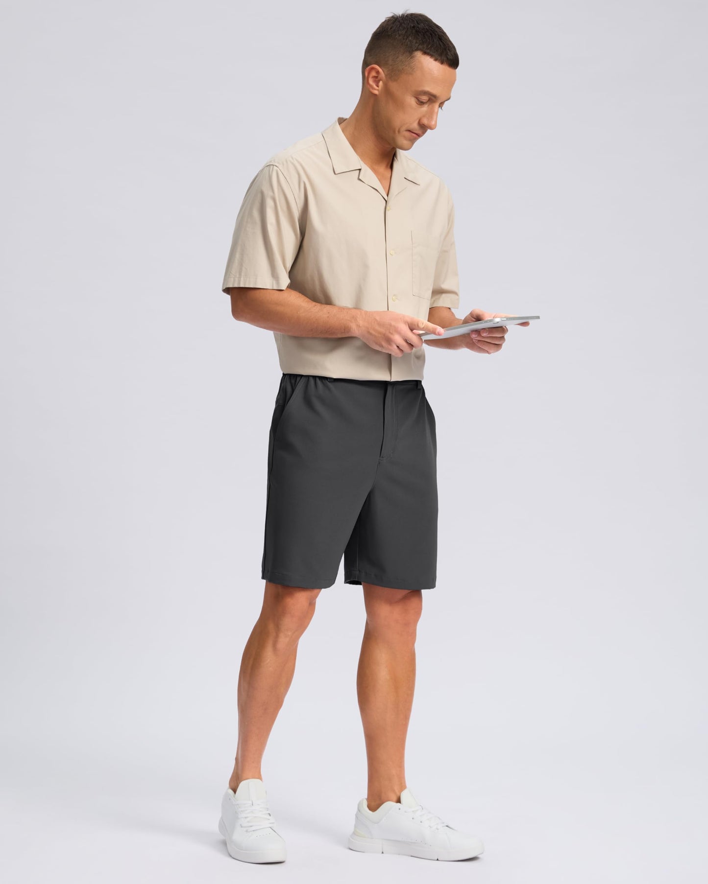 Pudolla Men's Casual Shorts 7" Lightweight Golf Shorts with 3 Pockets Stretch Quick Dry Comfy Work Shorts（Charcoal L