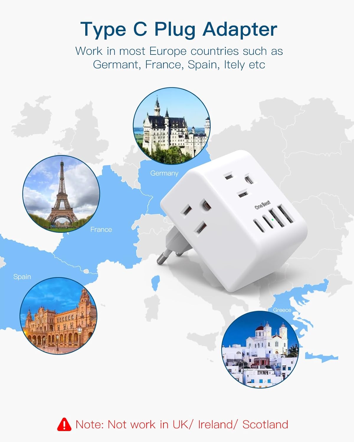 Skiennix European Travel Plug Adapter - 3 Outlets & 4 USB Charging Ports | Type C Plug for EU Travel