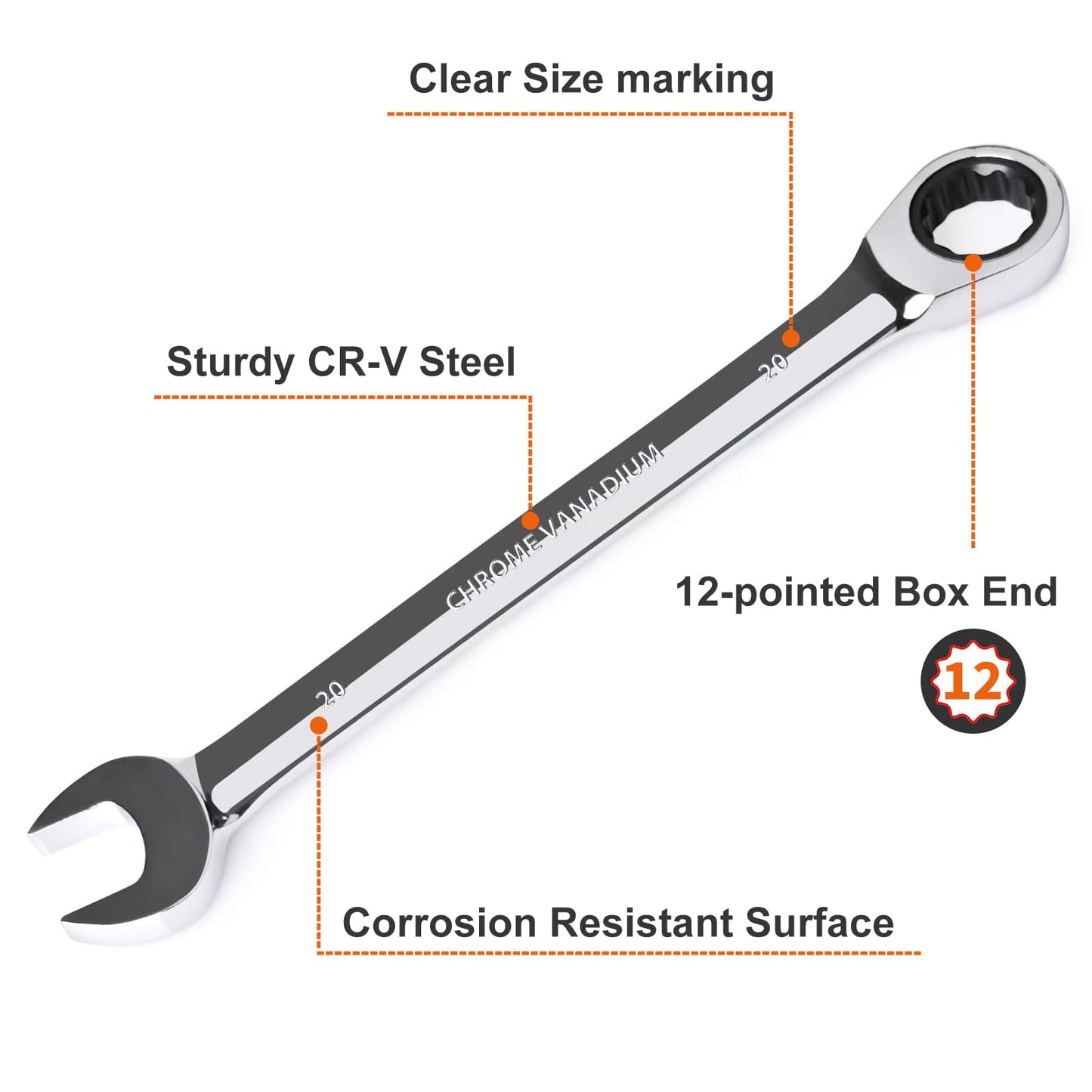 Egofine 20mm Ratcheting Combination Wrench Metric, Industrial Grade Gear Spanner with 12-Point Design, 72-Tooth Ratchet, Chrome Vanadium Steel