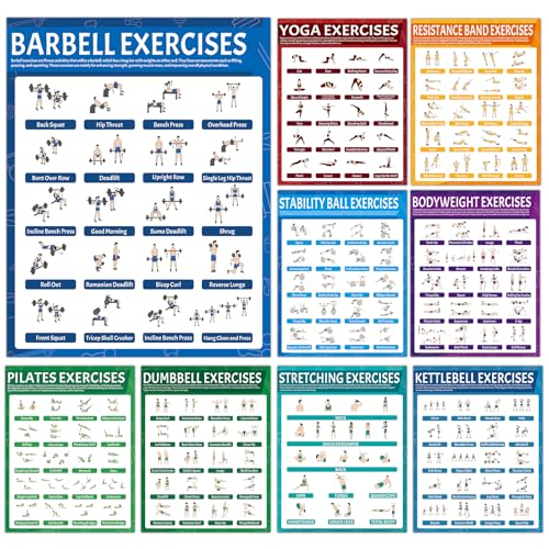 9Pcs Exercise Poster Set - Workout Charts for Yoga, Resistance Bands, Dumbbells & Home Gym