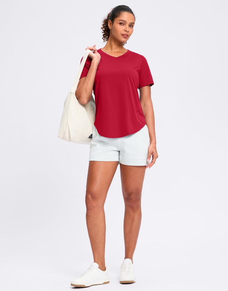 Womens Workout Shirts V-Neck Short Sleeve UPF 50+ Sun Shirt Moisture Wicking Dry Fit Top for Gym, Running, Athletic (Red, M)