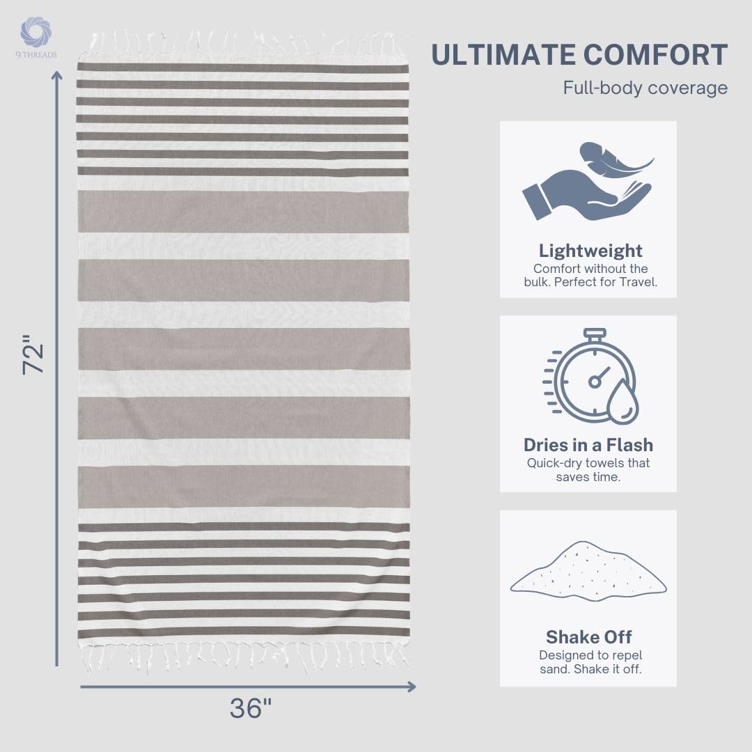 9Threads Cotton Turkish Beach Towel with Towels Oversized 36"x72" Pool Absorbent Extra Large Quick Dry Sand Travel Towel (Mélange Drift, 2 Pack)