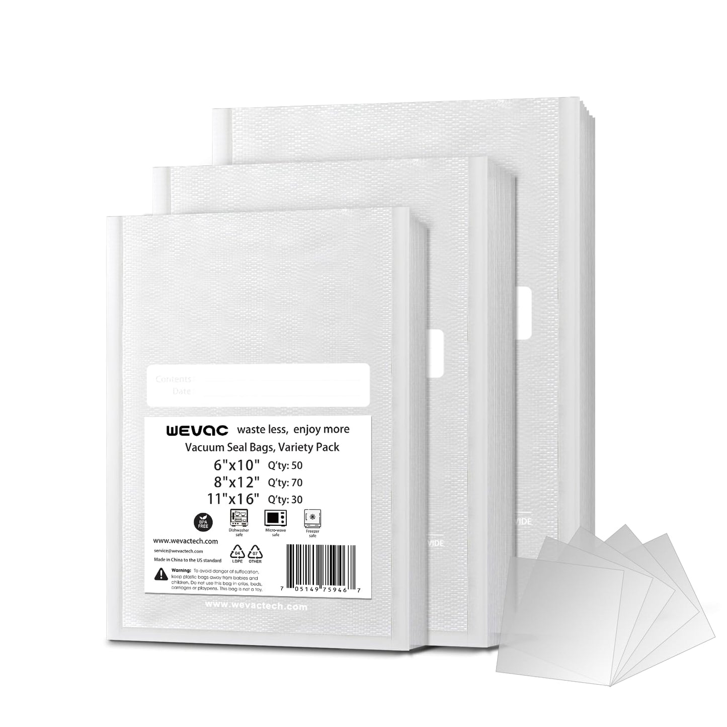 Wevac Vacuum Sealer Bags,150Pcs Gallon 11"x16", Quart 8"x12", Pint 6"x10"