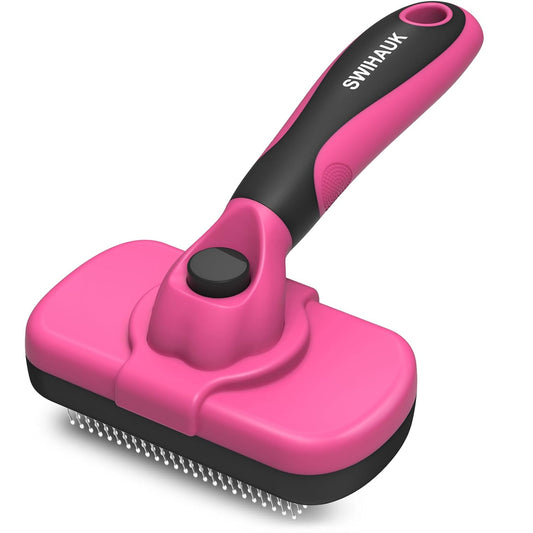 Swihauk Self-Cleaning Slicker Brush for Dogs & Cats - Gentle Grooming & Deshedding Tool, Pink