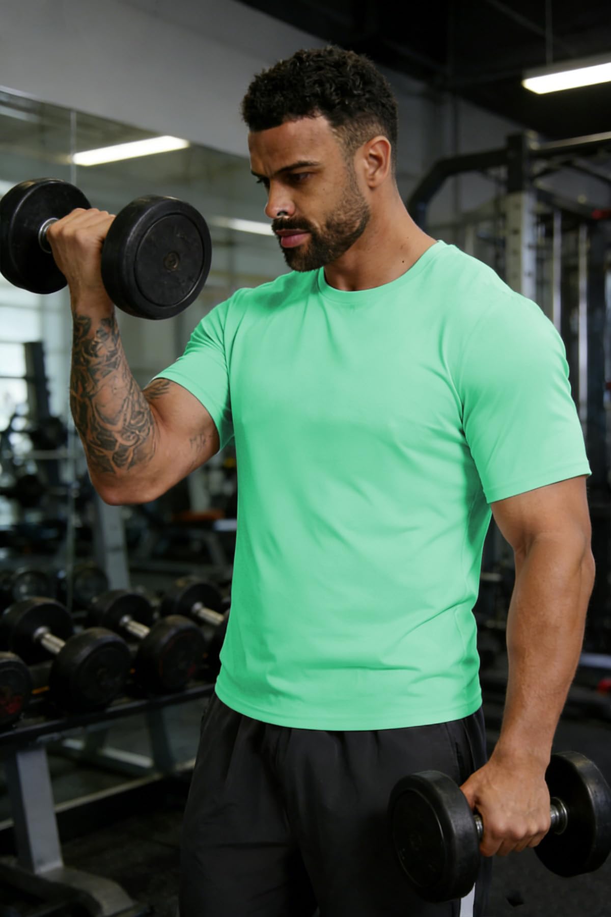 KINGFEN Men's Comfort Cool Sun Protective Shirt Workout Quick Dry Moisture Wicking Breathable Short Sleeve Casual Athletic Tee Green XL