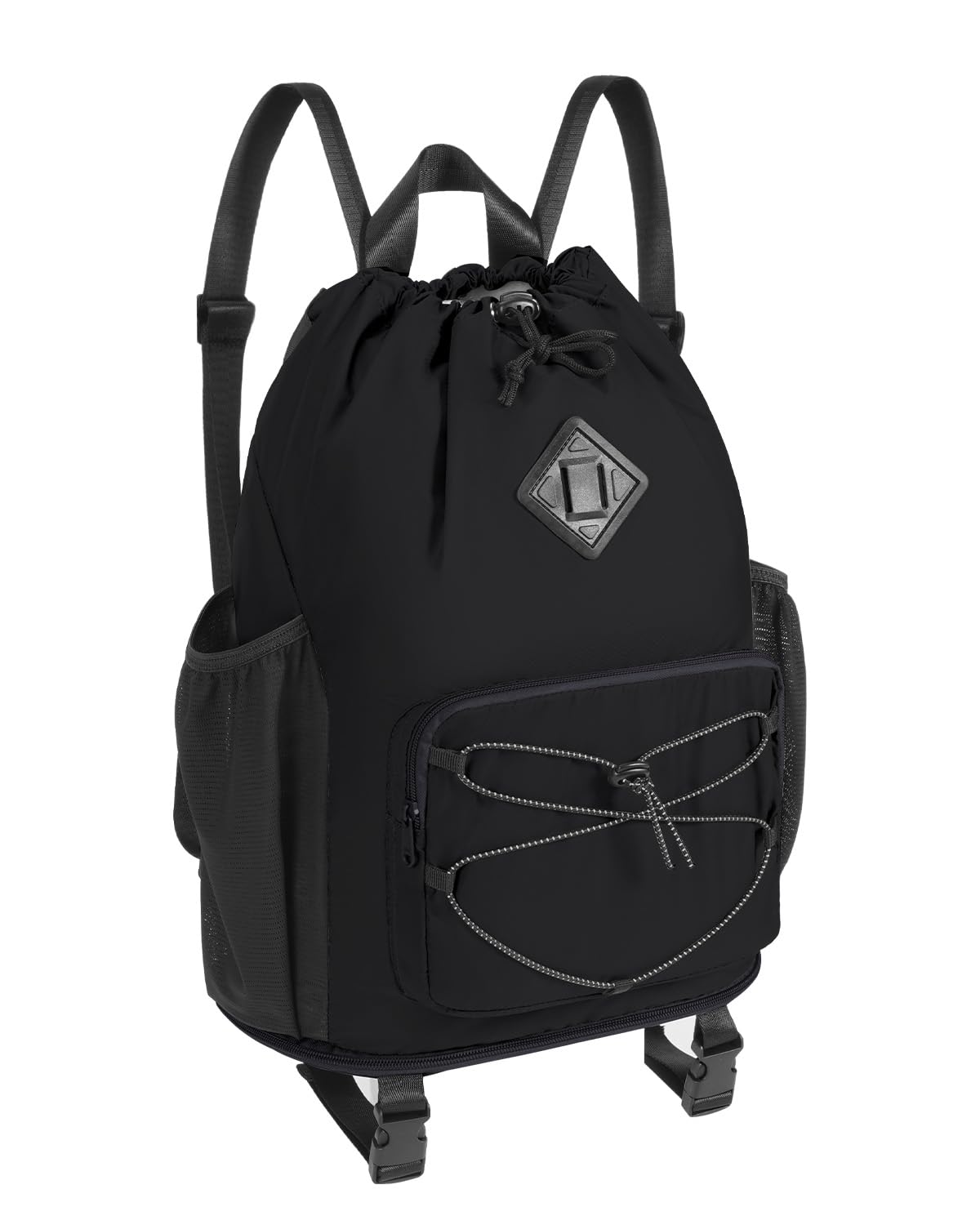 WANDF Drawstring Backpack with Removable Wet Pocket, Sandproof Beach Backpack with Bottom Compression Strap for Beach Mat, Swim Bag for Pool, Gym, Travel and Workout Gear (Black)
