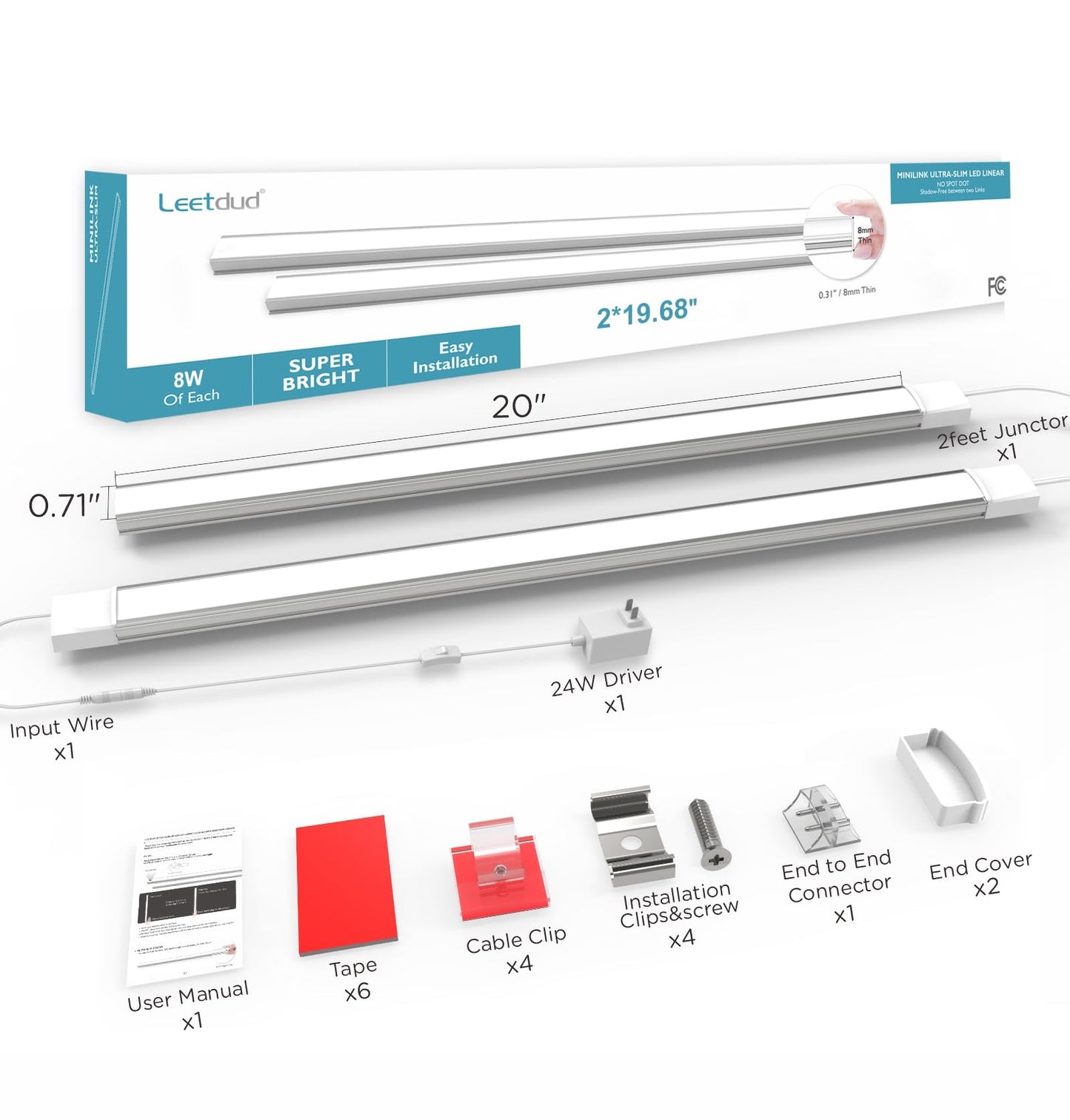 Leetdud Under Cabinet Lighting Plug in, 20 Inch 2 Pcs Kitchen Counter Lights, 4000K Super Bright 1280LM,16W Ultra Thin Led Underabinet Light Bar for Cupboard,Shelf,Sink,Workbench