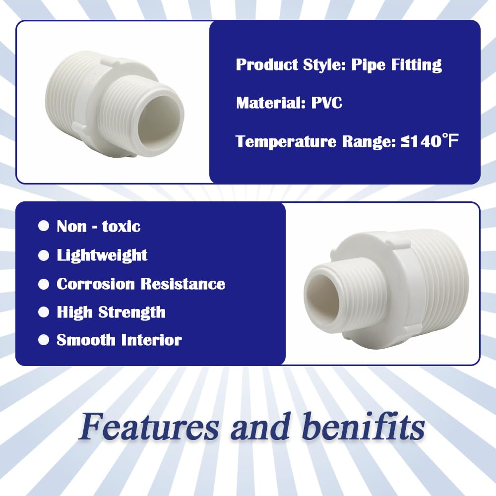HayEastdor 9PCS 1" to 3/4" PVC Pipe Fitting Hex Nipple G1 Male X G3/4 Male Coupling Adaptor of Thread Plumbing PIPE Connection