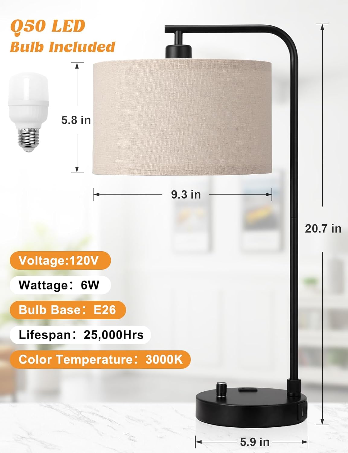 Dimmable Tall Table Lamp with USB Port & Outlet - Linen Shade Bedside Desk Lamp for Bedroom, Living Room, Home Office