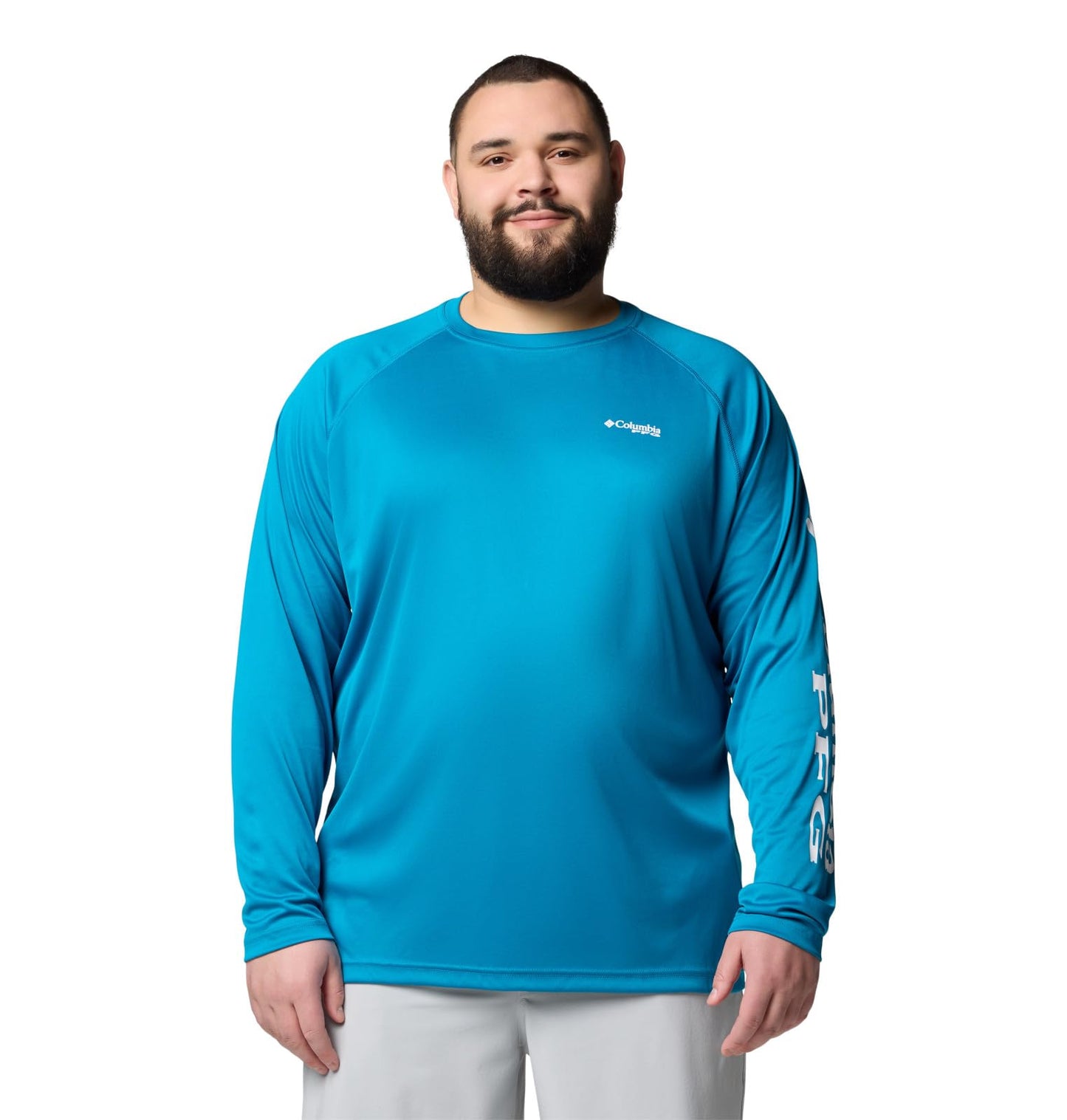 Columbia Men's PFG Terminal Tackle Long Sleeve Fishing Shirt, Blue Echo/White Logo, X-Large Tall