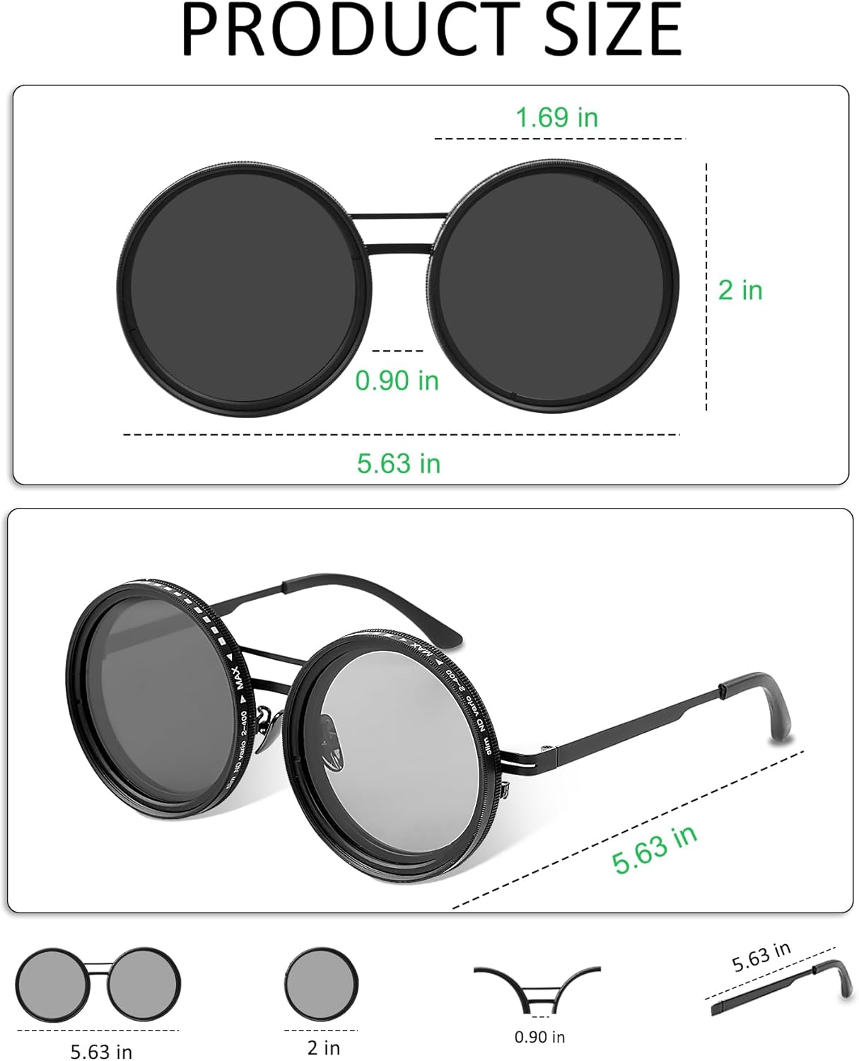 Skiennix Adjustable Tint Sunglasses - Round Polarized Glasses with Manual Tint Control & ND Filter