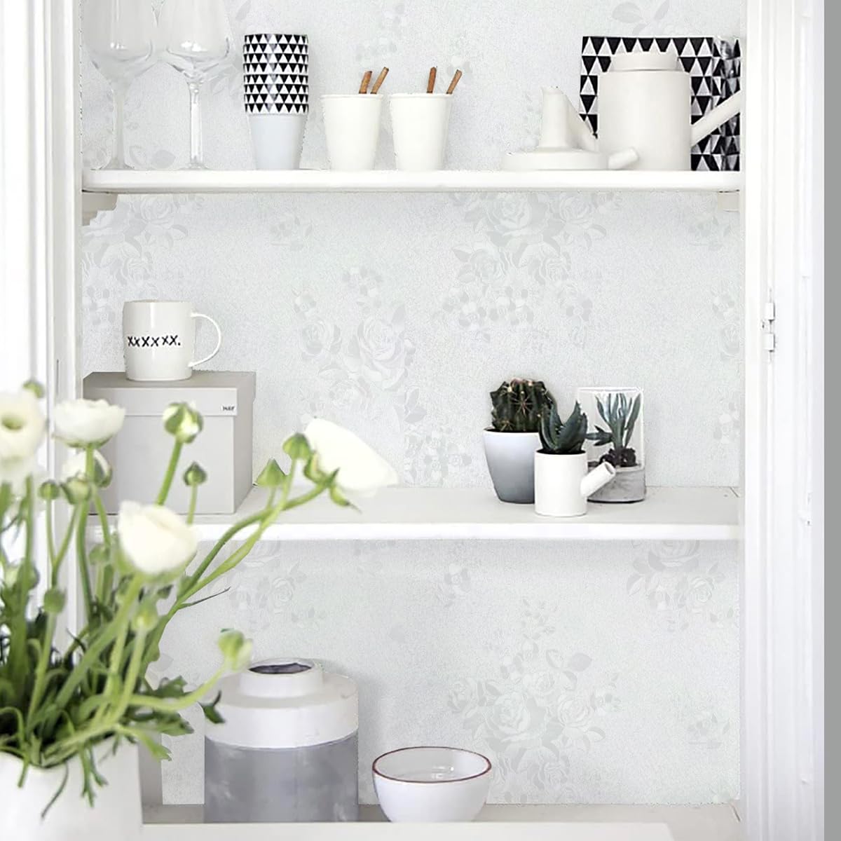 lenify White Peel and Stick Wallpaper Floral Textured Wallpaper 17.7inch x 118.1nch White Embossed Contact Paper Self Adhesive Decora for Shelf Liner Flower Removable Wall Paper Decor Vinyl