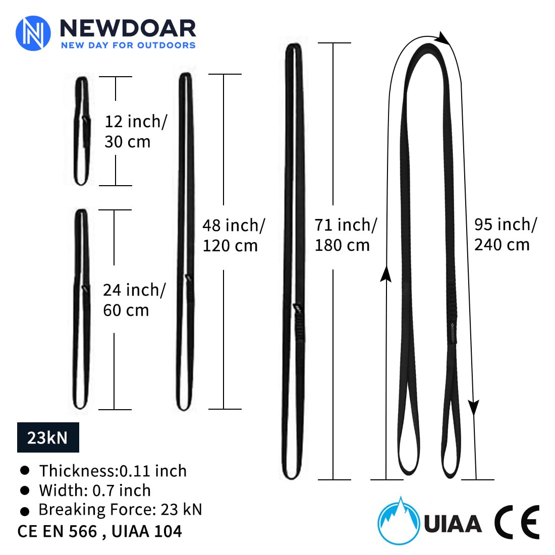 NewDoar 16mm Climbing Sling UIAA CE Certified,23KN EN566 Certified,Climbing Utility Cord Rock Climbing,Creating Anchors System,Rappelling Gear,Perfect for Tree Work(Black 12" 3pcs)