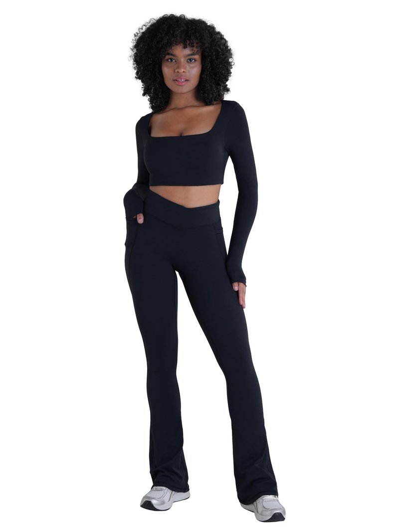 Sunzel Hidden Butt Lifting Scrunch Flare Leggings for Women with Pockets No Front Seam Tummy Control Mini Flared Yoga Pants 32" Inseam Black Large