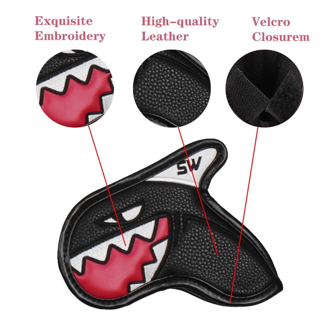 Scott Edward 9Pcs Golf Club Iron Head Covers Protector PU Leather Embroidery Number Fit Well Club 4-9/A/P/S (Black Shark)