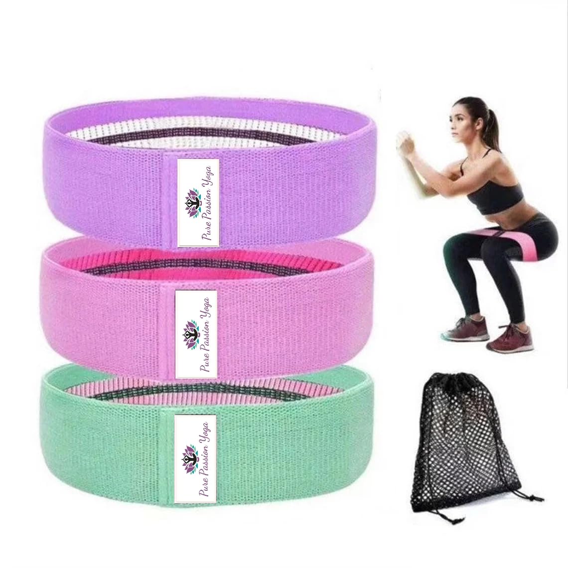 Pure Passion Yoga Fabric Resistance Band Set | 3 Tension Bands with Carrying Bag | Fabric Resistance Bands for Hips & Glutes Workouts