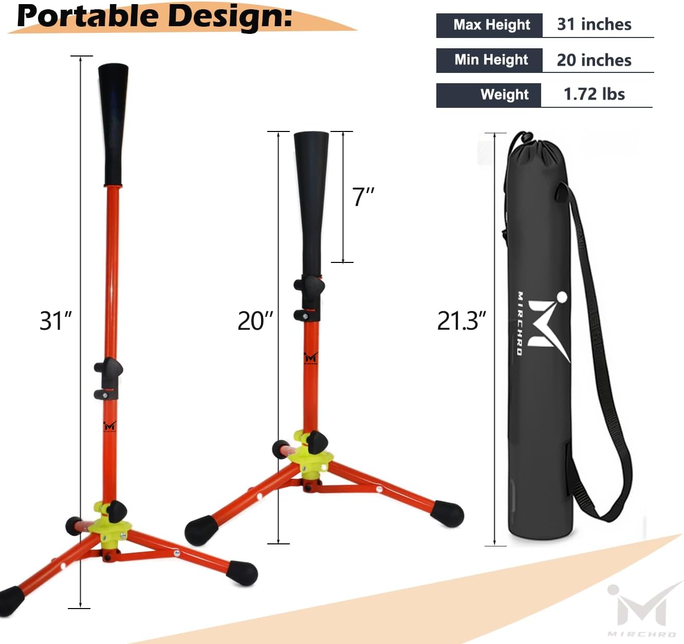 Skiennix Baseball Batting Tee - Adjustable 20-31" Tripod T-Ball Trainer for Kids 3-8 | Portable & Stable