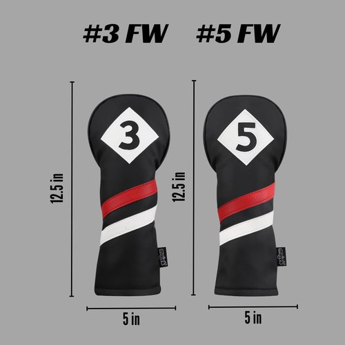 Majek Retro Golf Headcovers Black Red and White Vintage Leather Style 3 & 5 Fairway Wood Head Cover Classic Look