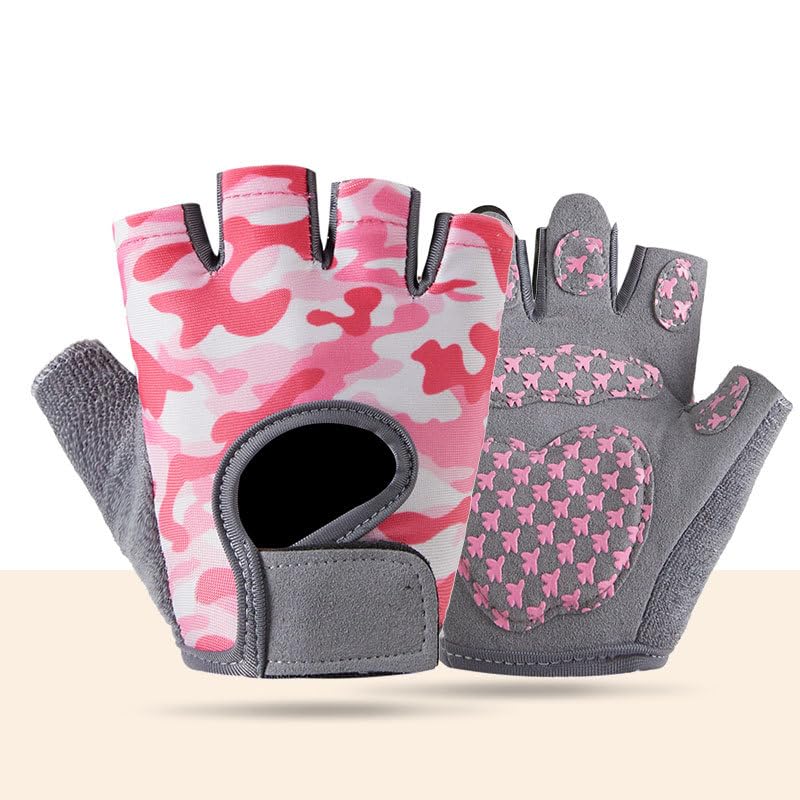 Kids Half Finger Cycling Gloves - Non-Slip Padded, Pink Camo, M (5-8 Years)