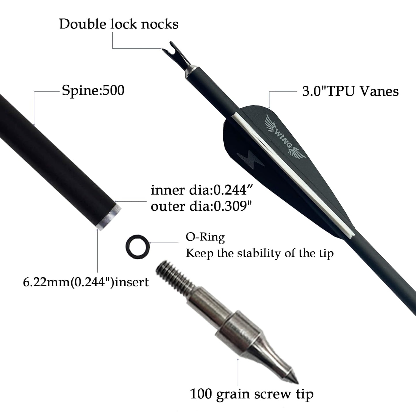 e5e10 31inch Carbon Arrow Archery Targeting Practice Hunting Arrows for Compound & Recurve Bow with Removable Tips(Pack of 12) (Black White)