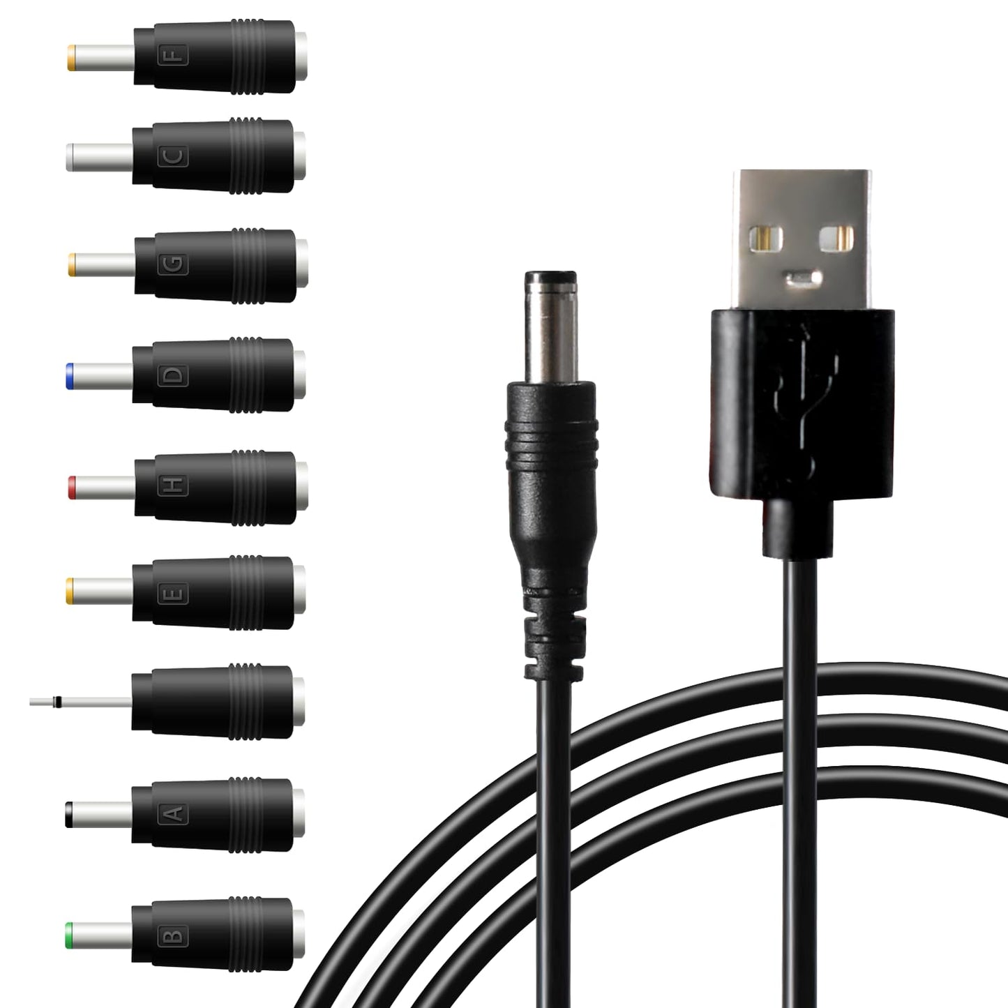 USB to DC 5V Power Cord, Universal DC 5.5x2.1mm Charging Cable with 9 Interchangeable Connectors Adapter for Moon Lamp, Massage Wand, Router, LED Light, Mini Fan, Speaker and More Devices (Black)