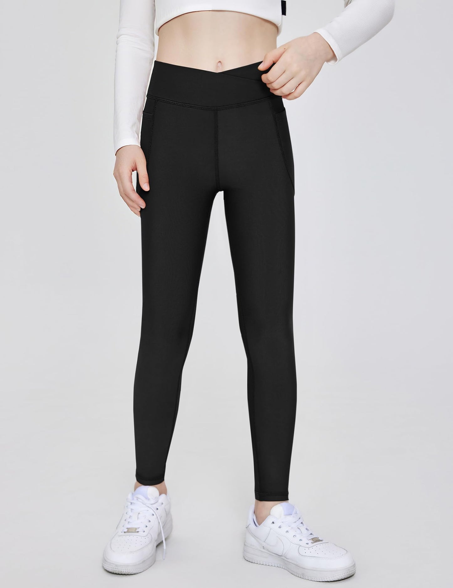 Zaclotre Girls Fleece Lined Leggings Kids Water Resistant Winter Warm Crossover Athletic Yoga Pants with Pockets Black