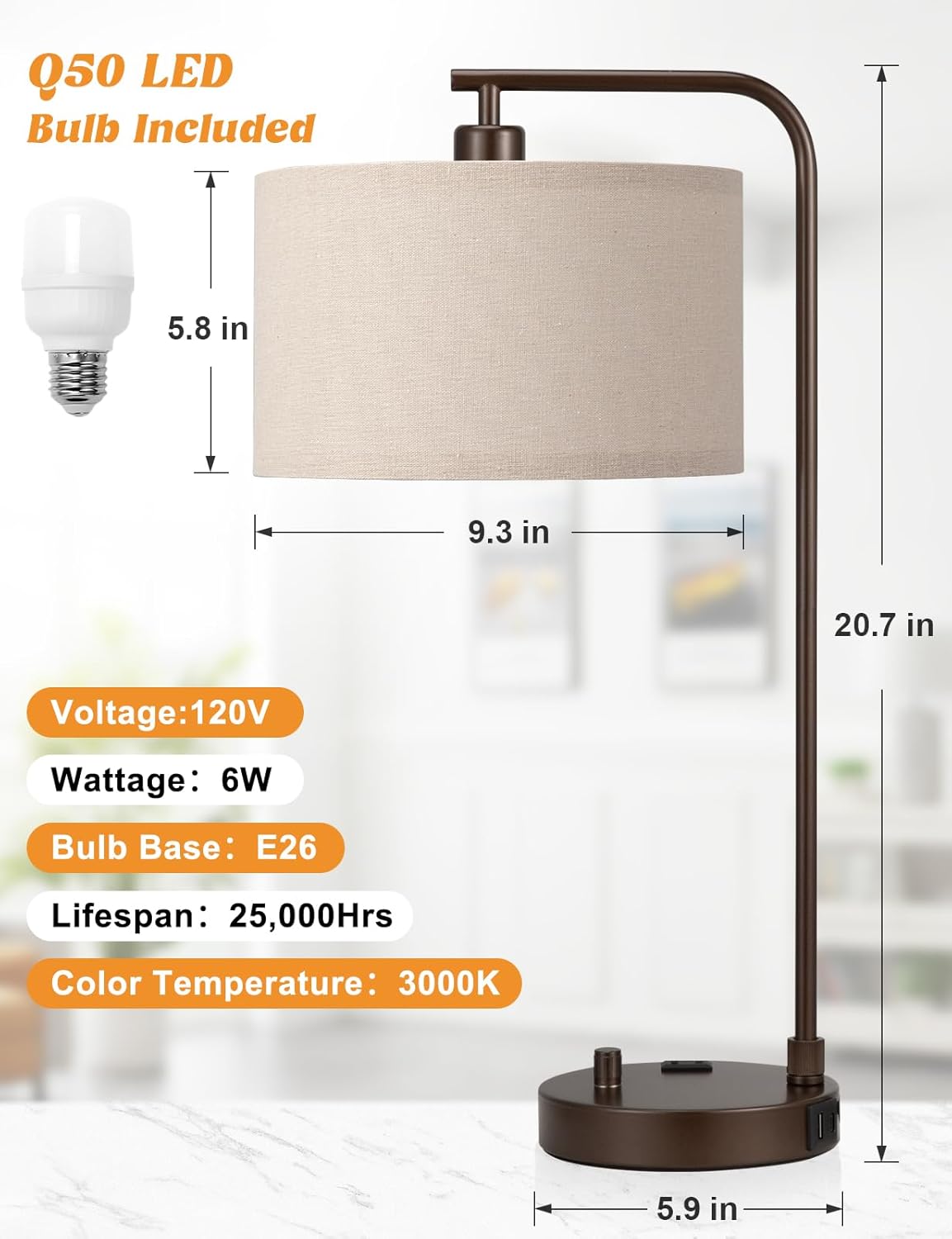 Dimmable Tall Table Lamp with USB Port & Outlet - Linen Shade Bedside Desk Lamp for Bedroom, Living Room, Home Office