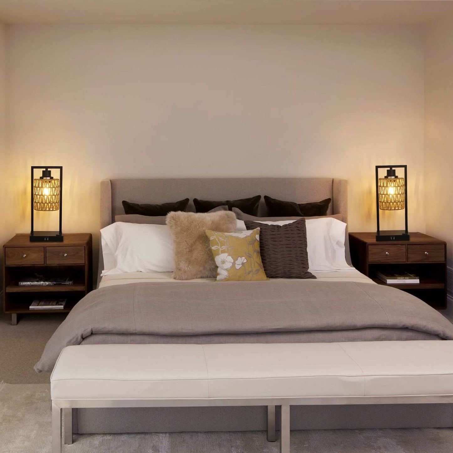 Stepeak Farmhouse Rattan Table Lamps Set of 2, Boho Touch Control Bedside Nightstand Lamp with 2 USB Ports&AC Outlet, Dimmable Desk Lamp for Bedroom Living Dining Room Credenza (LED Bulbs Included)