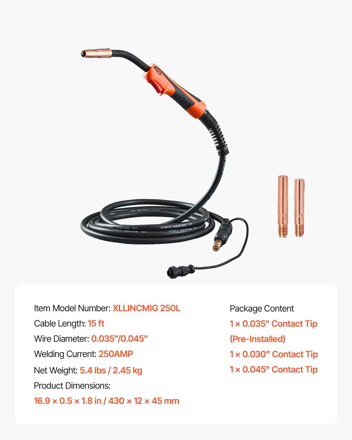 VEVOR 250Amp Mig Welding Gun with 15FT Cable, Compatible with LincoIn Power MlG 200, 215, 216, 255 and Wire-Matic 255 Welders, Suitable for 0.035" and 0.045" Welding Wires