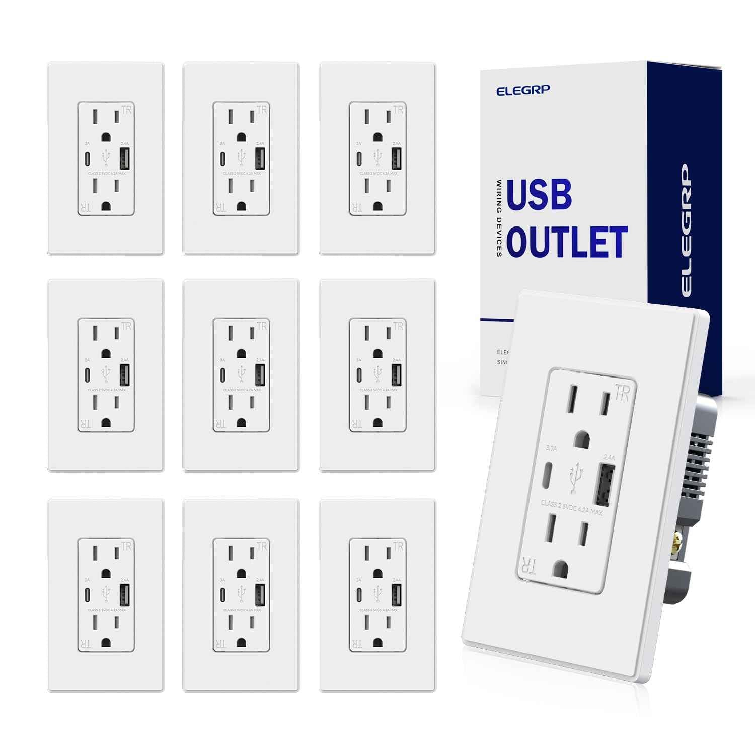 USB Wall Charger Outlet with A & C Ports - 15A Tamper Resistant, UL Listed, 6 Pack, Light Almond
