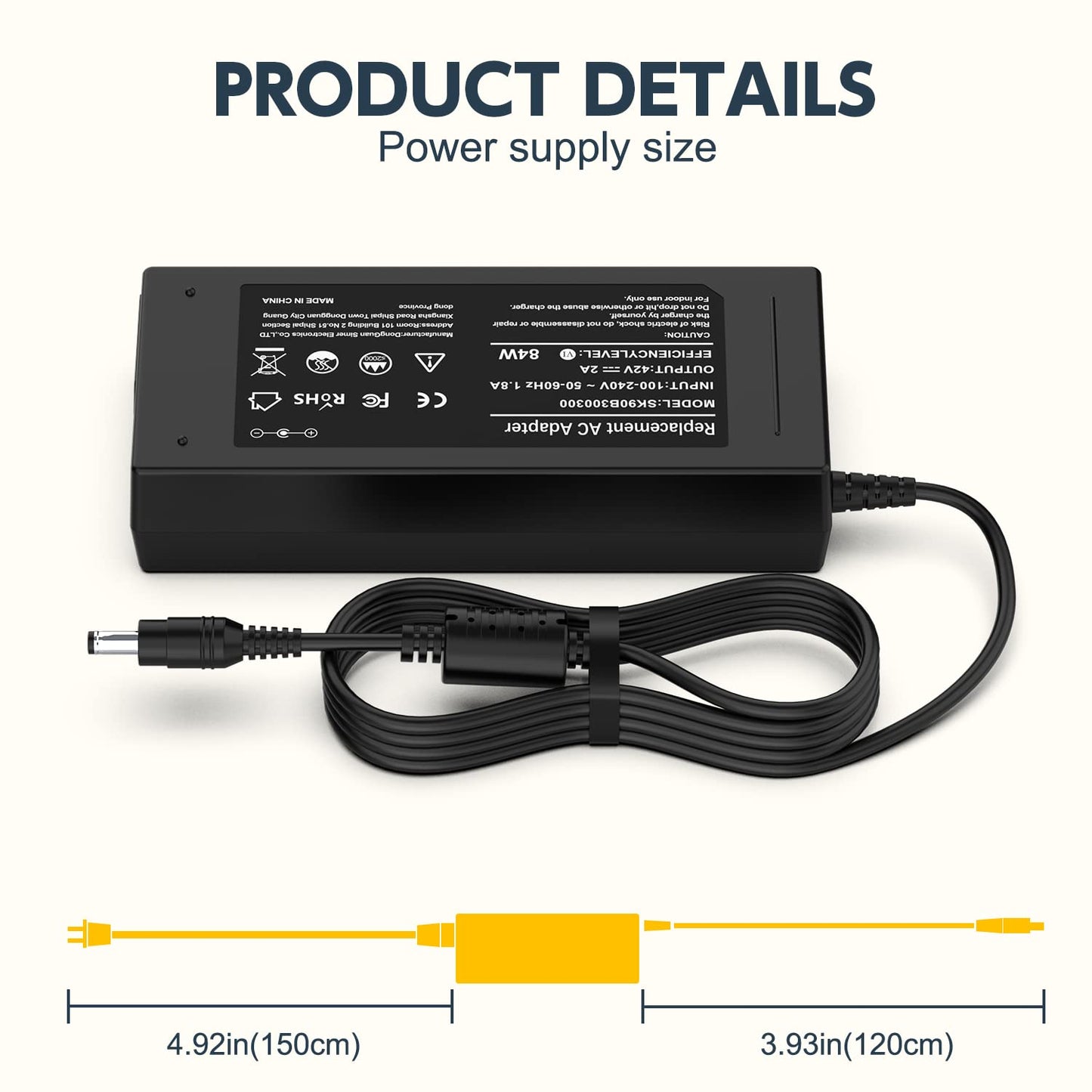 42V 2A Adaper Charger for Evolve GT Series, Evolve Bamboo GT, GTX Edition, Evolve Generation 2