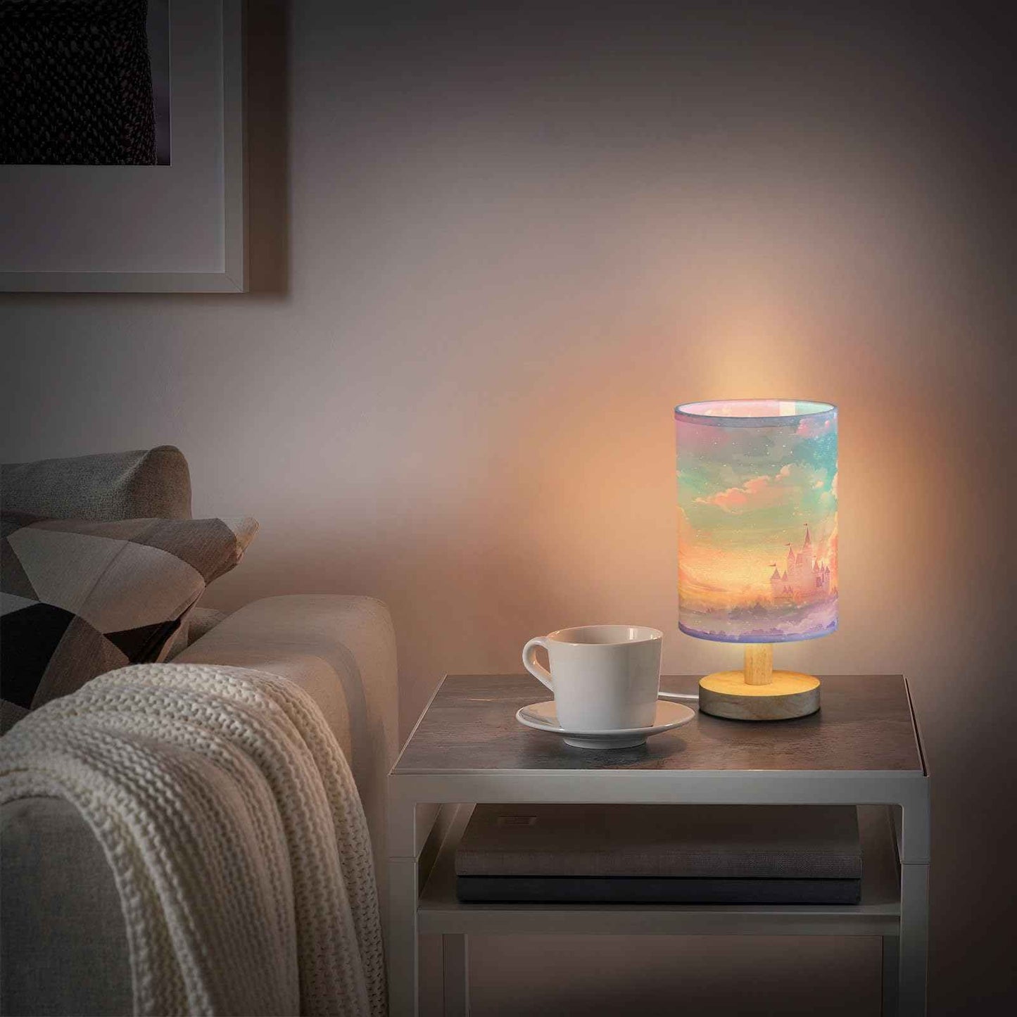 BOENLE Bedside Lamp Princess Castle Pink Sky Table Lamp for Bedroom LED Nightstand Lamp Shade USB Ports Wood Base for Living Room Dorm Office