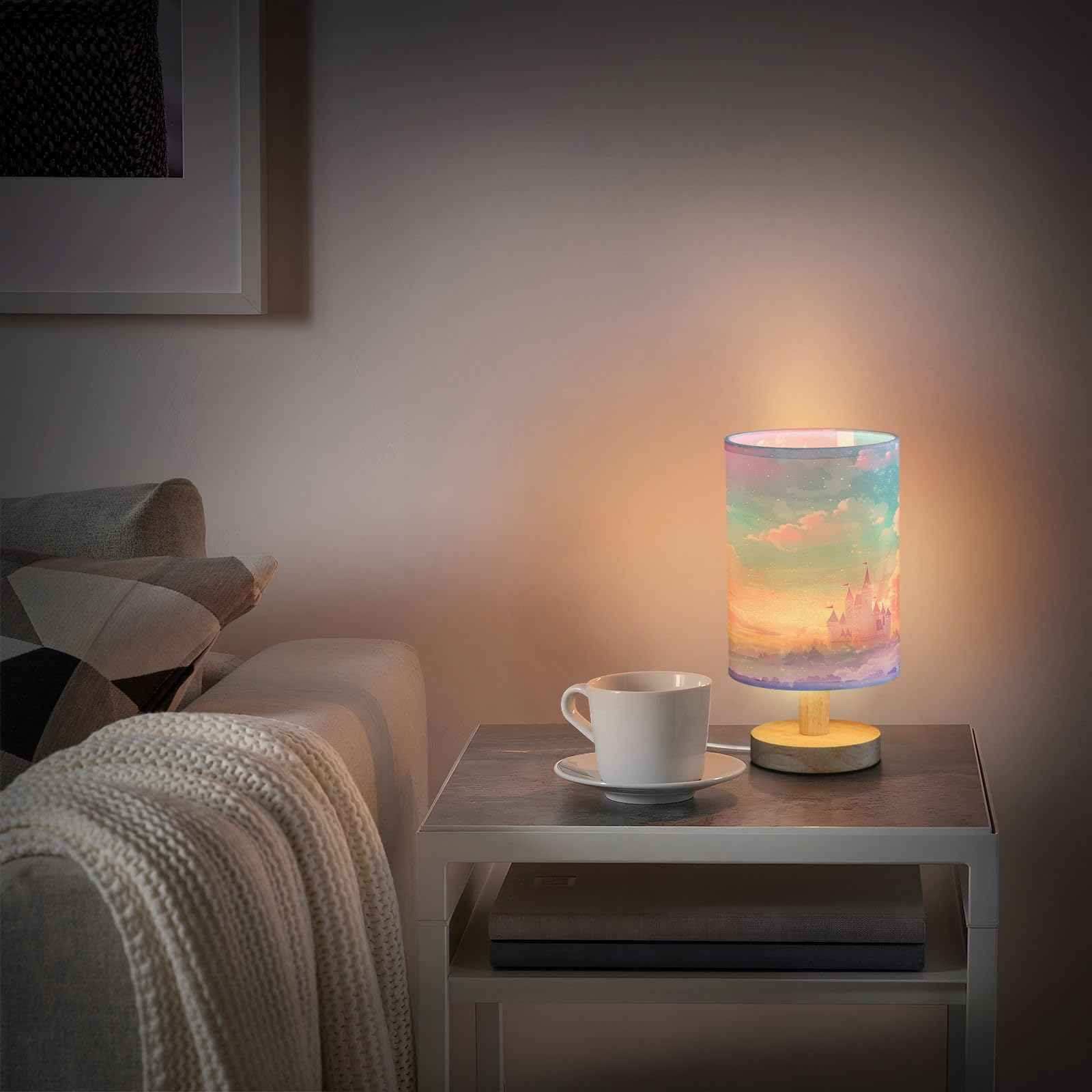 BOENLE Bedside Lamp Princess Castle Pink Sky Table Lamp for Bedroom LED Nightstand Lamp Shade USB Ports Wood Base for Living Room Dorm Office