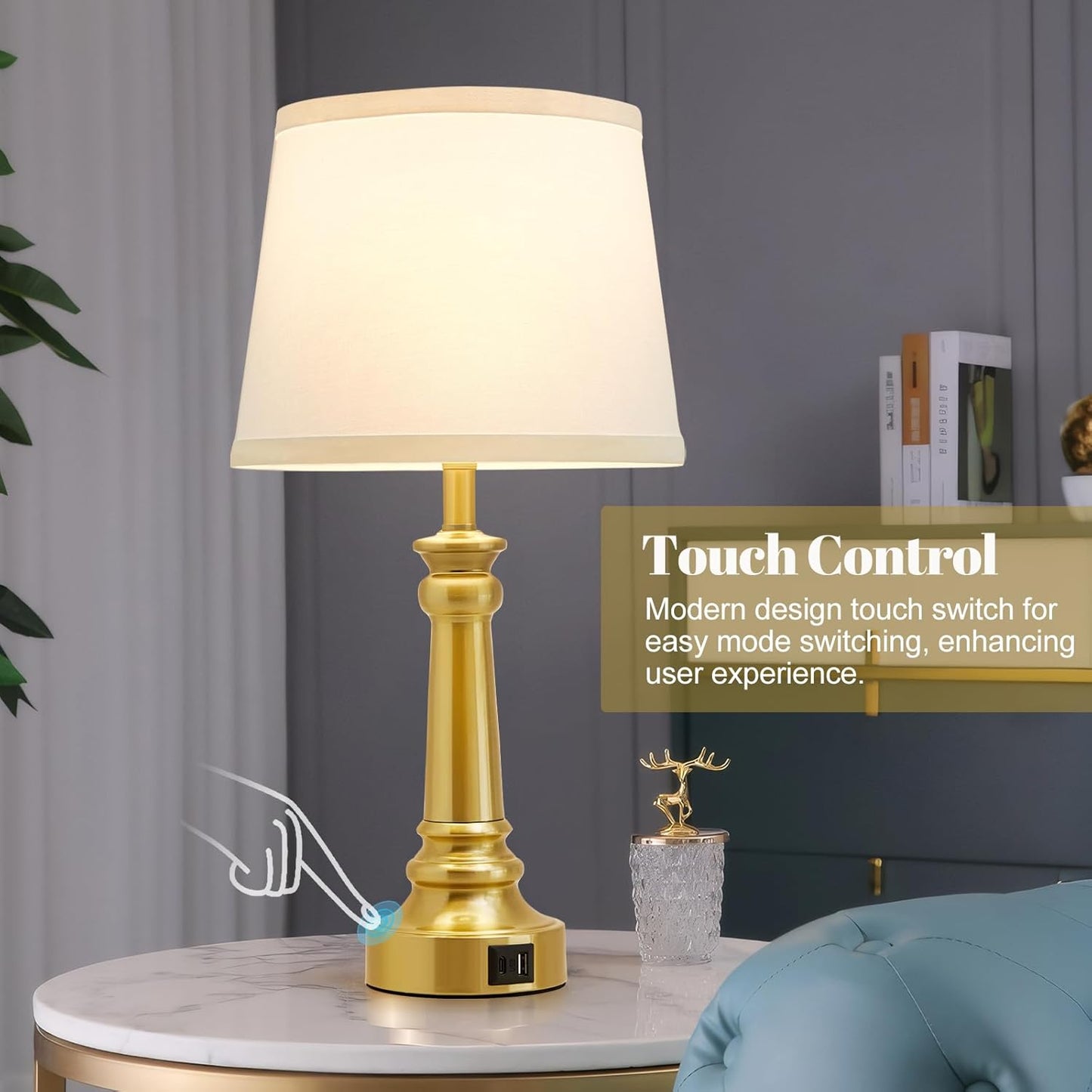 Touch Bedside Table Lamps Set of 2 with USB C+A Ports - 3-Way Dimmable Linen Shade
